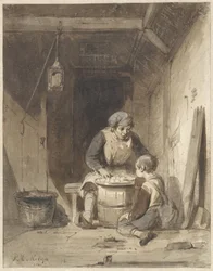 Hombre y niño comiendo en un granero