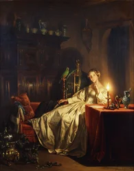Interior iluminado por velas con una dama sentada a una mesa, 1865