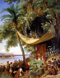 Misa de evangelización al aire libre en América - pintura de Pharamond