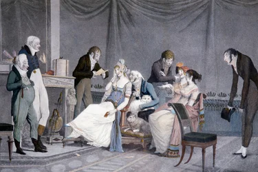 Las visitas, por Louis-Philibert Debucourt, escena con muebles de estilo Directoire inspirado en Etruscos, Francia