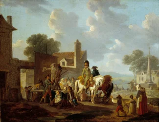 Aldeanos y jinetes viendo la pantomima