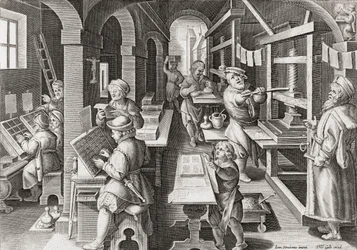 Una imprenta europea hacia 1590 (grabado)