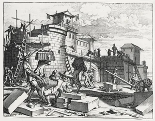 Prisioneros de guerra portugueses construyen un fuerte cerca de Kandy (grabado)