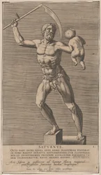 Placa 1: Saturno, estatua del dios desnudo de pie sobre un zócalo, sosteniendo una guadaña en su mano derecha, 1586