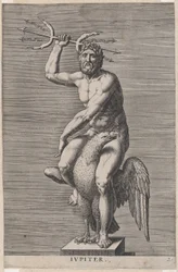 Placa 2: Júpiter, estatua del dios desnudo sentado en un águila, sosteniendo un tridente doble, de..., 1586