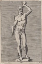 Placa 4: Apolo, estatua del dios desnudo de pie sobre un zócalo, con una corona y sosteniendo...