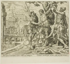 Los israelitas encuentran a Achior atado a un árbol, lámina dos de La historia de Judith y Holofernes