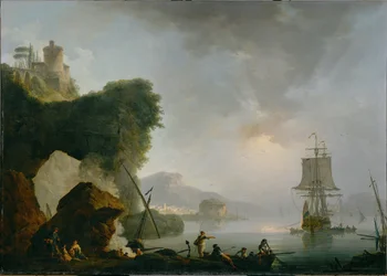 Paisaje marino con sol poniente (pintura sobre lienzo)