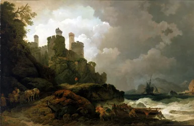 Barco de pesca tirado en tierra, cerca del castillo de Conwy (Gales). Óleo sobre lienzo, hacia 1800, de Philippe-Jacques (Philippe Jacques) de Loutherbourg (1740-1812).