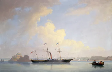 El tornillo Steamer Lady Bird frente a Elizabeth Castle, Jersey