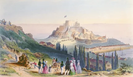 Llegada de Su Majestad a Mount Orgueil, 3 de Septiembre de 1846, de la Visita de la Reina Victoria en Jersey, grabado por H. Walter, 1847
