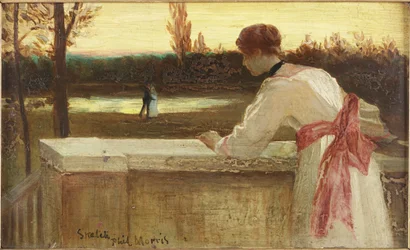 Niña en un Balcón Observando a una Pareja junto a un Lago