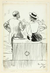 Hombre y mujer sentados en el muelle
