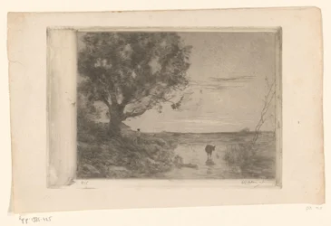 Paisaje con un ternero en el agua y un hombre bajo un árbol
Soir (título original)
