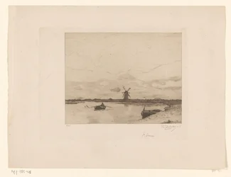 Barco de remo en un paisaje de pradera con un molino de viento
Paysage (título original)