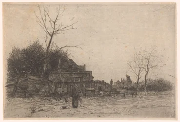 Anciana en un campo cerca de una granja
La Cabane