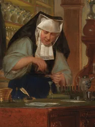 Detalle de la farmacia del hospital Saint-John (óleo sobre tabla)