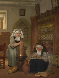 Detalle de la farmacia del hospital Saint-John (óleo sobre tabla)