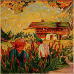 Pareja de campesinos en el jardín
