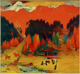 Paisaje otoñal con vacas y ovejas