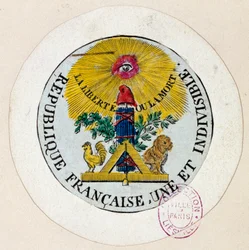 Revolución francesa: sello decorado con símbolos de la República y de la masonería. Grabado de Philippe Auguste Hennequin (1762-1833), 1792. París, Museo Carnavalet