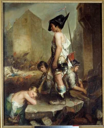 Revolución de Julio: Les Trois Glorieuses: los pequeños patriotas. Jóvenes insurgentes en las barricadas en París. Pintura de Philippe Auguste Jeanron (1809-1877) 1830 Caen. Museo de Bellas Artes