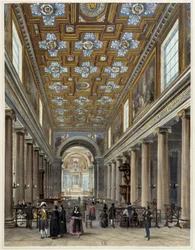 Interior de la iglesia Notre-Dame de Lorette - en "Promenade dans Paris et ses environs", dibujos de Jacottet y Benoist, ed. Gihaut Frères