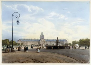 El Hôtel des Invalides visto desde el Campo de Marte - en “Paseo por París y sus alrededores”, por Jacottet y Benoist, ed. Gihaut