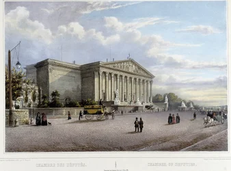 La Cámara de Diputados (Asamblea Nacional) - en «Paseo por París y sus alrededores», diseñada por Jacottet y Benoist, hacia 1840
