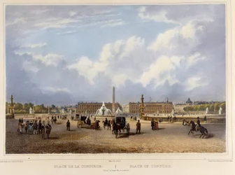 La Place de la Concorde (obelisco) - en "Promenade dans Paris et ses environs", diseñado por Jacottet y Benoist, c. 1840
