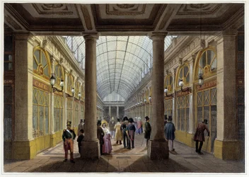 La Galería de Orleans, en el Palacio Real - en «Promenade dans Paris et ses environs», diseñada por Jacottet y Benoist, h. 1840