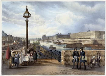 El Louvre visto desde el Pont Neuf - en “Paseo por París y sus alrededores”, diseñado por Jacottet y Benoist, c. 1840