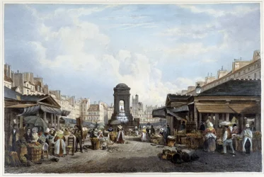 El paseo alrededor de la fuente de los inocentes, ca. 1840 - en "Promenade dans Paris et ses environs", ilustrado por Jacottet y Benoist, París, ca. 1840