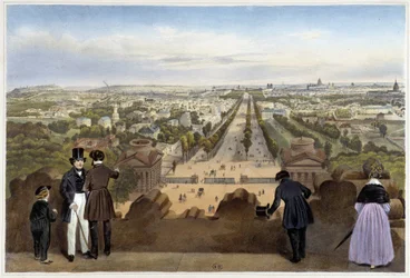 Vista de París desde el Arco de la Estrella (Champs-Elysées) - en “Paseo por París y sus alrededores”, diseñado por Jacottet y Benoist, c. 1840