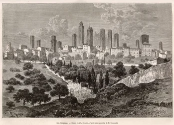 Vista de San Gimignano (Toscana, Italia). Grabado según el dibujo de Ph. Benoist, para ilustrar el viaje a Toscana y Umbría, por Francis Wey, en 1875, publicado en "Le tour du monde" 1876, editado por Edouard Charton, edición Hachette, París. Selva