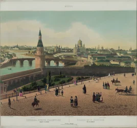 Vista de la Catedral de Cristo Salvador y el Kremlin de Moscú desde una vista panorámica de Moscú en 10 partes, ca 1848