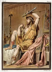 Agamenón, vestuario para «Ifigenia en Áulide» de Jean Racine, del volumen II de «Investigaciones sobre los trajes y el teatro de todas las naciones», grabado por Pierre Michel Alix (1762-1817), 1802