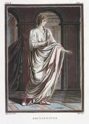Británico, vestuario para «Británico» de Jean Racine, del volumen II de «Investigaciones sobre los trajes y el teatro de todas las naciones», grabado por Pierre Michel Alix (1762-1817), 1802