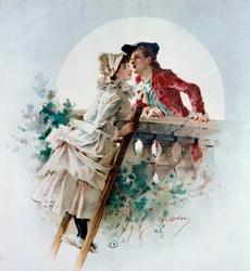 Beso tierno. Escena galante que representa a una pareja besándose a la luz de la luna. Litografía de Philippe Jacques Linder (1835-?). Siglo XIX. Colección privada