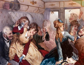El tren del placer Un grupo de burgueses bebiendo y entreteniéndose en un vagón. Litografía de Philippe Jacques Linder