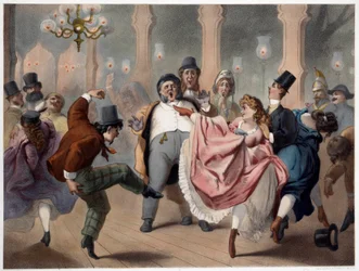 El pie en movimiento, escena de entretenimiento popular. Litografía de Philippe Jacques Linder