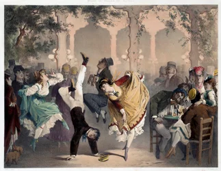 La reja tiene escena de Bullier entretenimiento popular. Litografía de Philippe Jacques Linder (1835-?). Serie Museo de Costumbres y Acciones. Museo Carnavalet, París