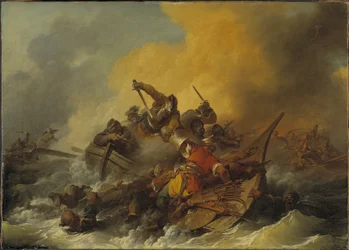 Batalla en el mar entre soldados y piratas orientales