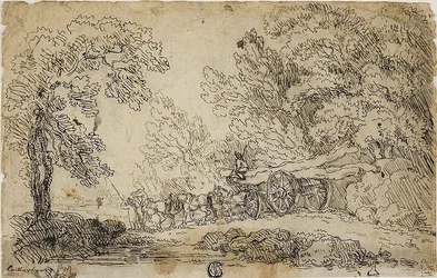 Transportando troncos en un bosque (anverso); Bocetos de personas en diversas actividades (reverso)