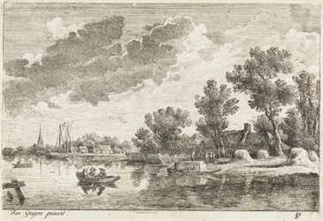Paisaje de río con bote de remos
