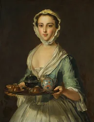 Una joven sosteniendo una bandeja de té posiblemente Hannah, la sirvienta del artista