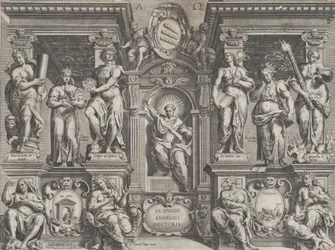 Tesis alegórica con varias figuras, ambientada en una estructura arquitectónica, 1608