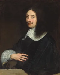 Retrato de un caballero, tradicionalmente identificado como Noël de Bullion, medio cuerpo, en negro con cuello y manga de encaje, sus guantes en la mano izquierda, 1656