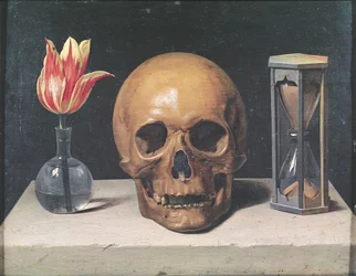 Bodegón de vanitas con tulipán, calavera y reloj de arena