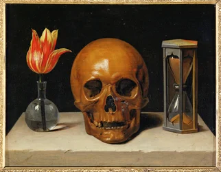 Vanitas, alegoría del tiempo fugaz con calavera y reloj de arena (óleo sobre lienzo)